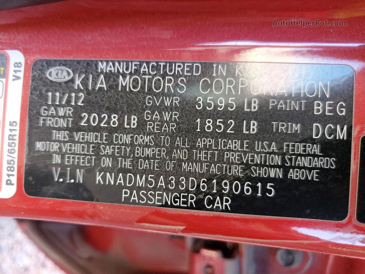 2013 Kia Rio Lx Red vin: KNADM5A33D6190615