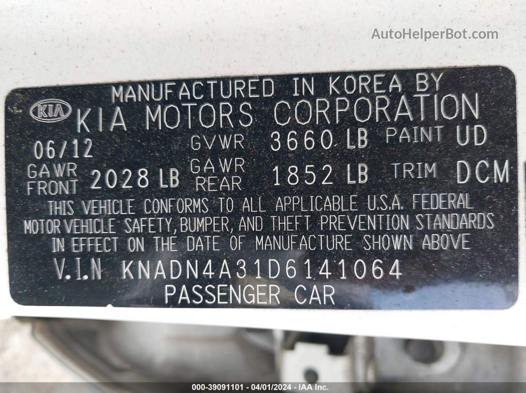 2013 Kia Rio Ex Белый vin: KNADN4A31D6141064