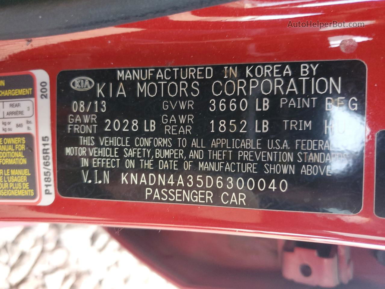 2013 Kia Rio Ex Red vin: KNADN4A35D6300040