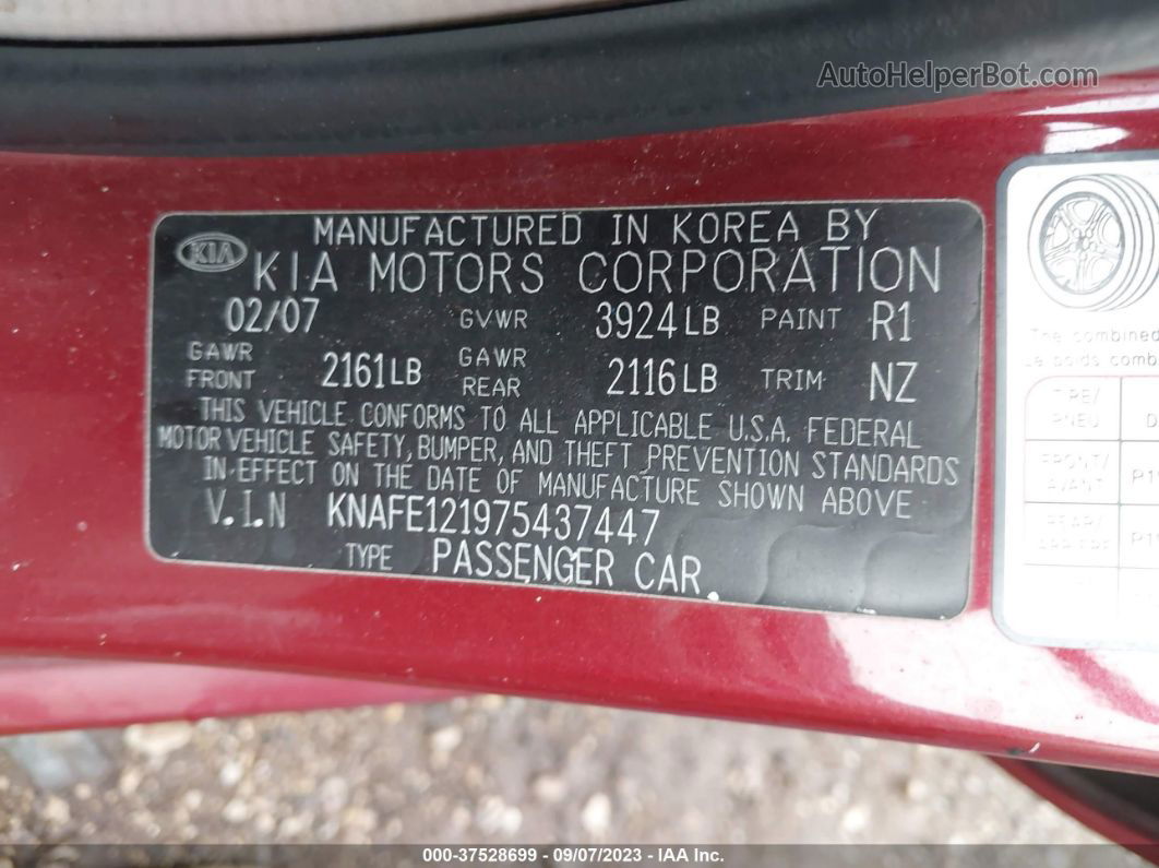 2007 Kia Spectra Ex Red vin: KNAFE121975437447