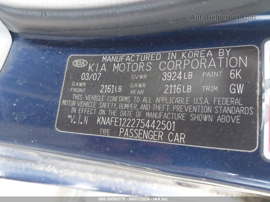 2007 Kia Spectra Ex Blue vin: KNAFE122275442501