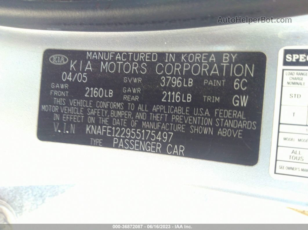 2005 Kia Spectra Lx/ex/sx Silver vin: KNAFE122955175497