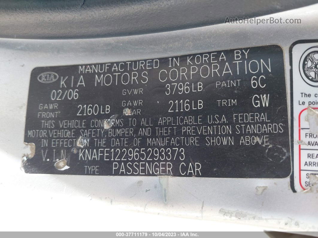 2006 Kia Spectra Ex/sx/lx Серебряный vin: KNAFE122965293373