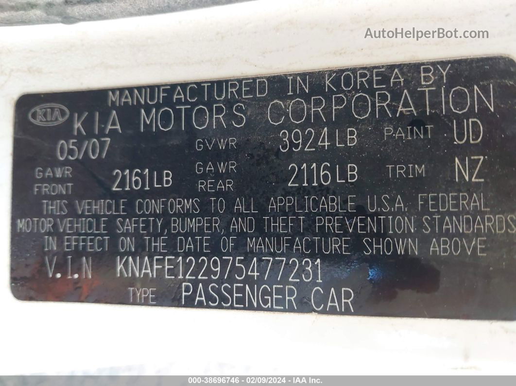 2007 Kia Spectra Ex White vin: KNAFE122975477231