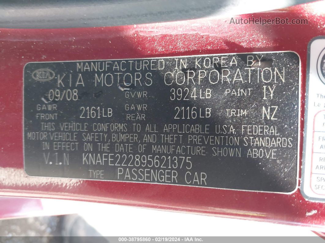 2009 Kia Spectra Ex Red vin: KNAFE222895621375