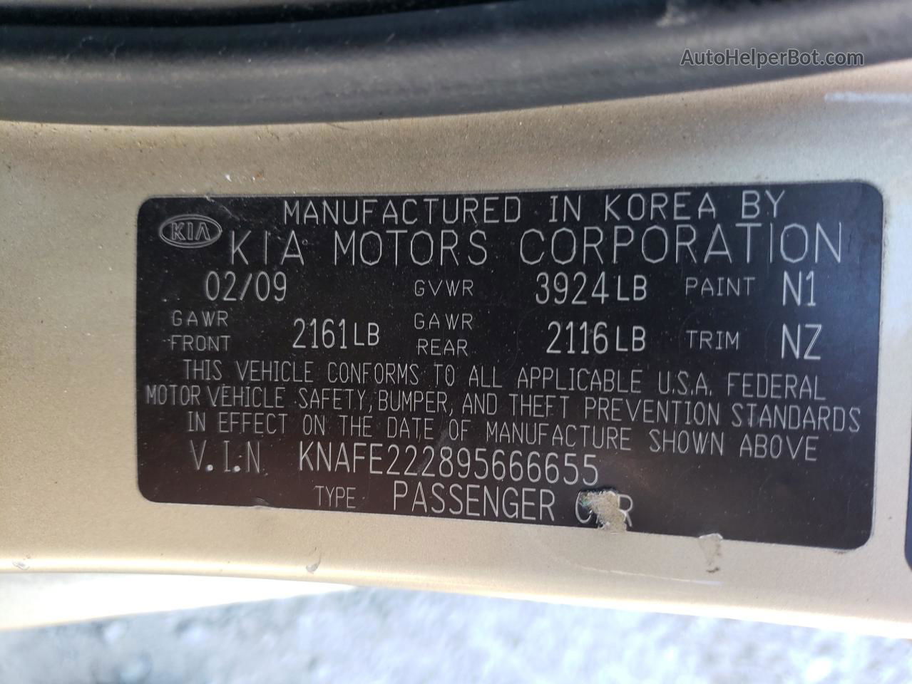 2009 Kia Spectra Ex Tan vin: KNAFE222895666655