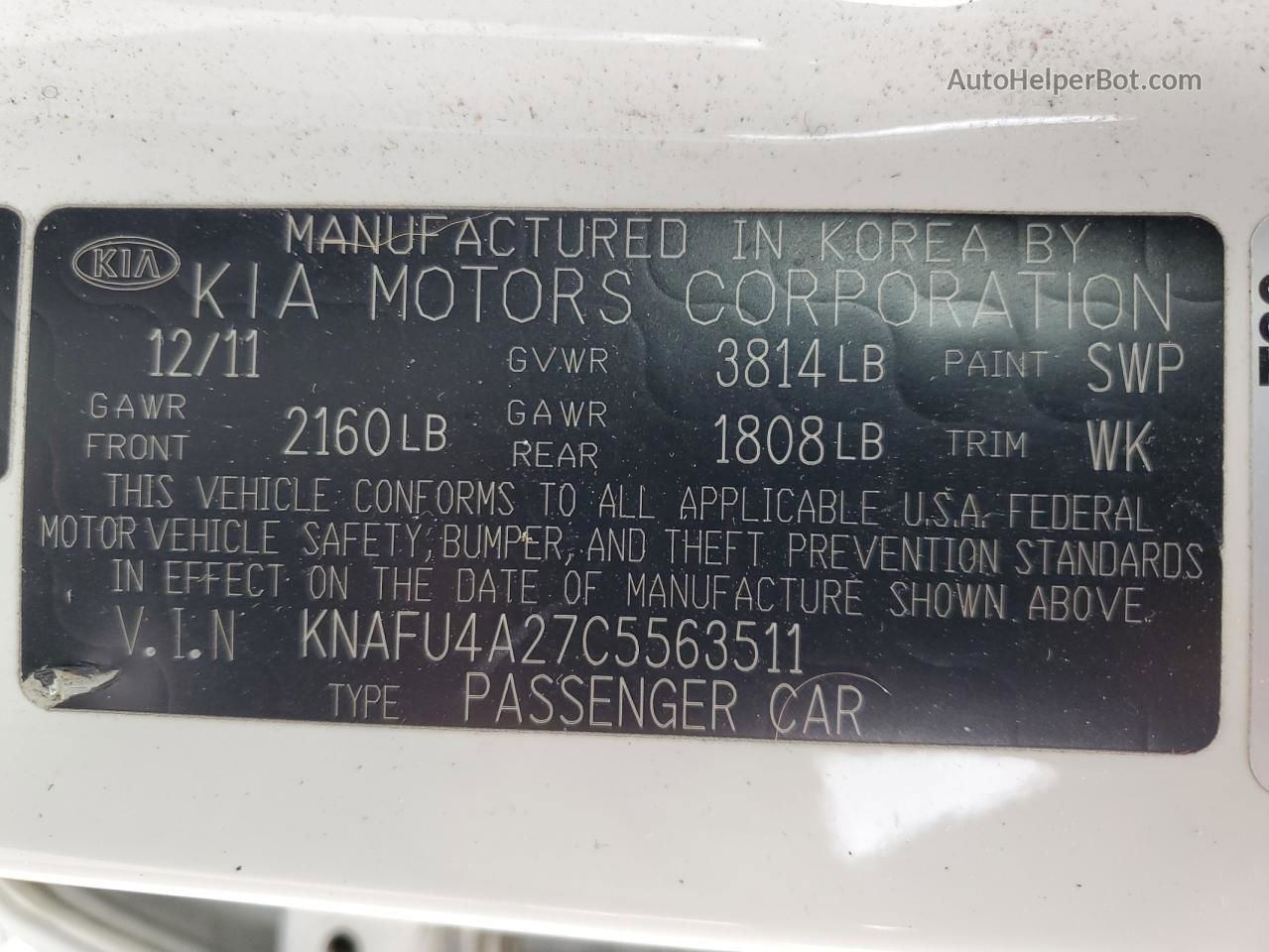 2012 Kia Forte Ex White vin: KNAFU4A27C5563511