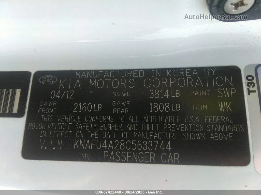 2012 Kia Forte Ex White vin: KNAFU4A28C5633744