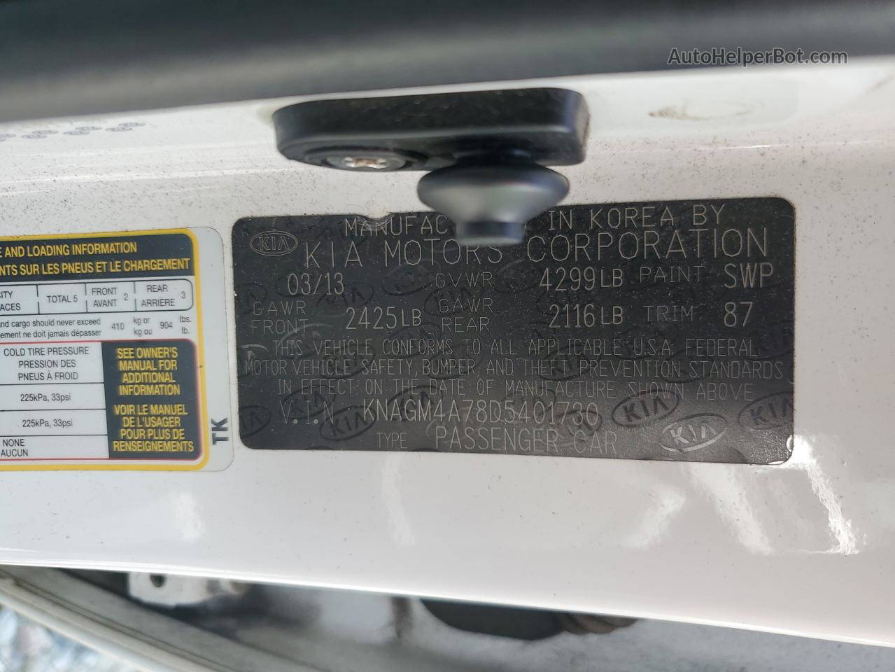 2013 Kia Optima Lx White vin: KNAGM4A78D5401730