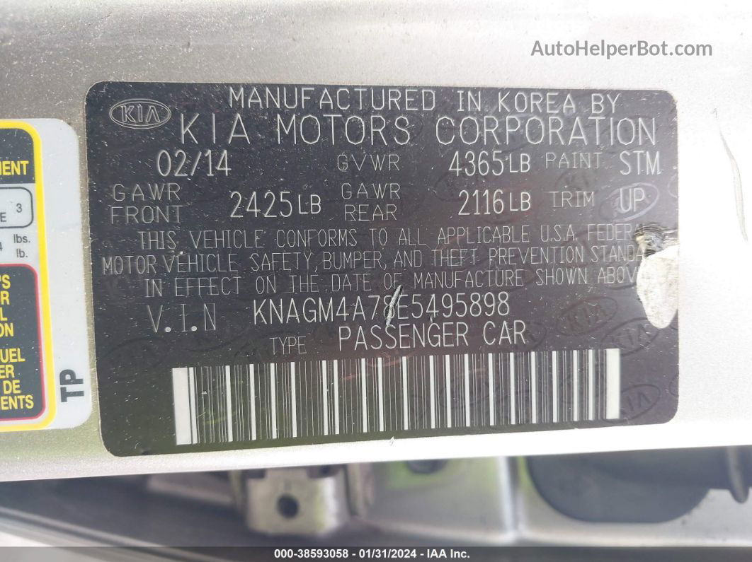 2014 Kia Optima Lx Silver vin: KNAGM4A78E5495898