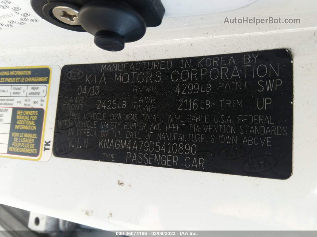2013 Kia Optima Lx White vin: KNAGM4A79D5410890