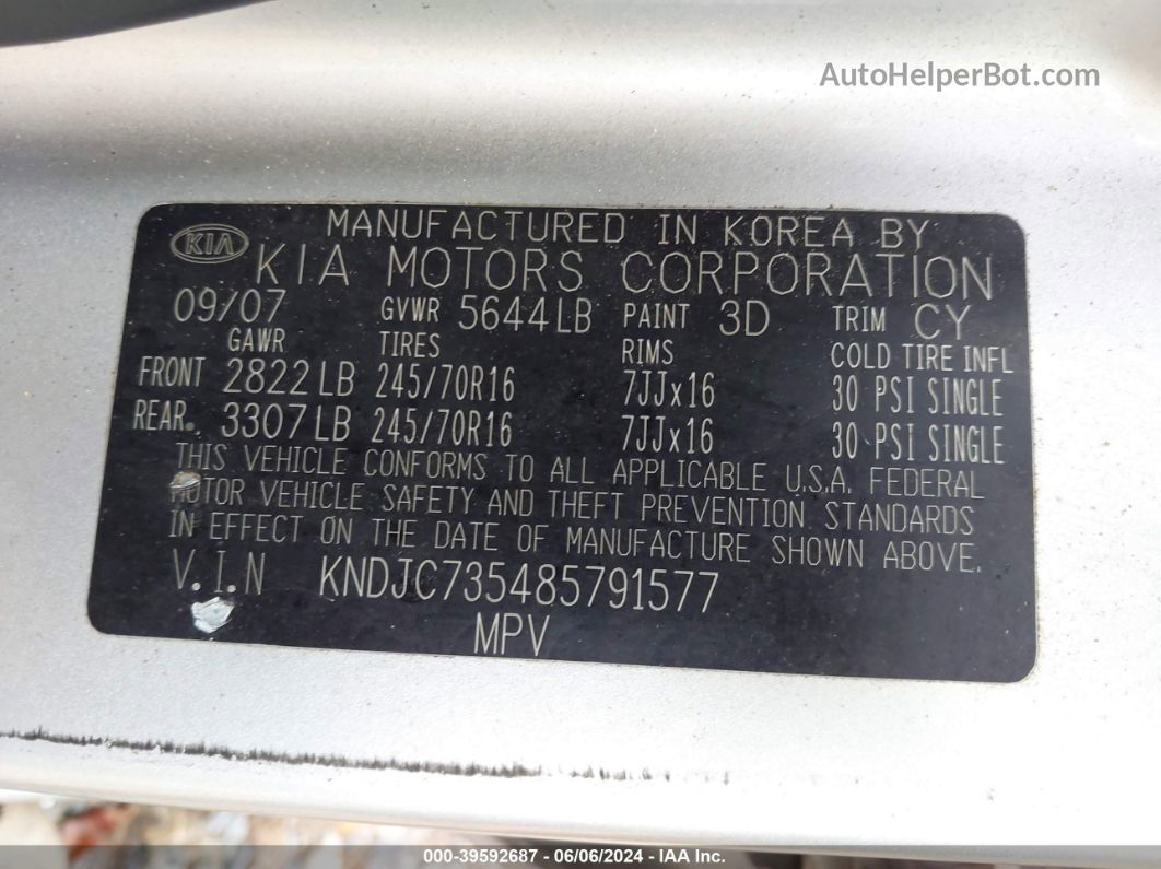 2008 Kia Sorento Lx Silver vin: KNDJC735485791577