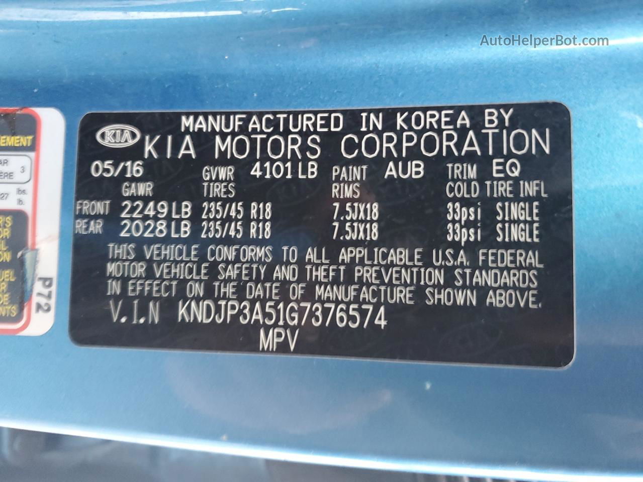 2016 Kia Soul + Blue vin: KNDJP3A51G7376574