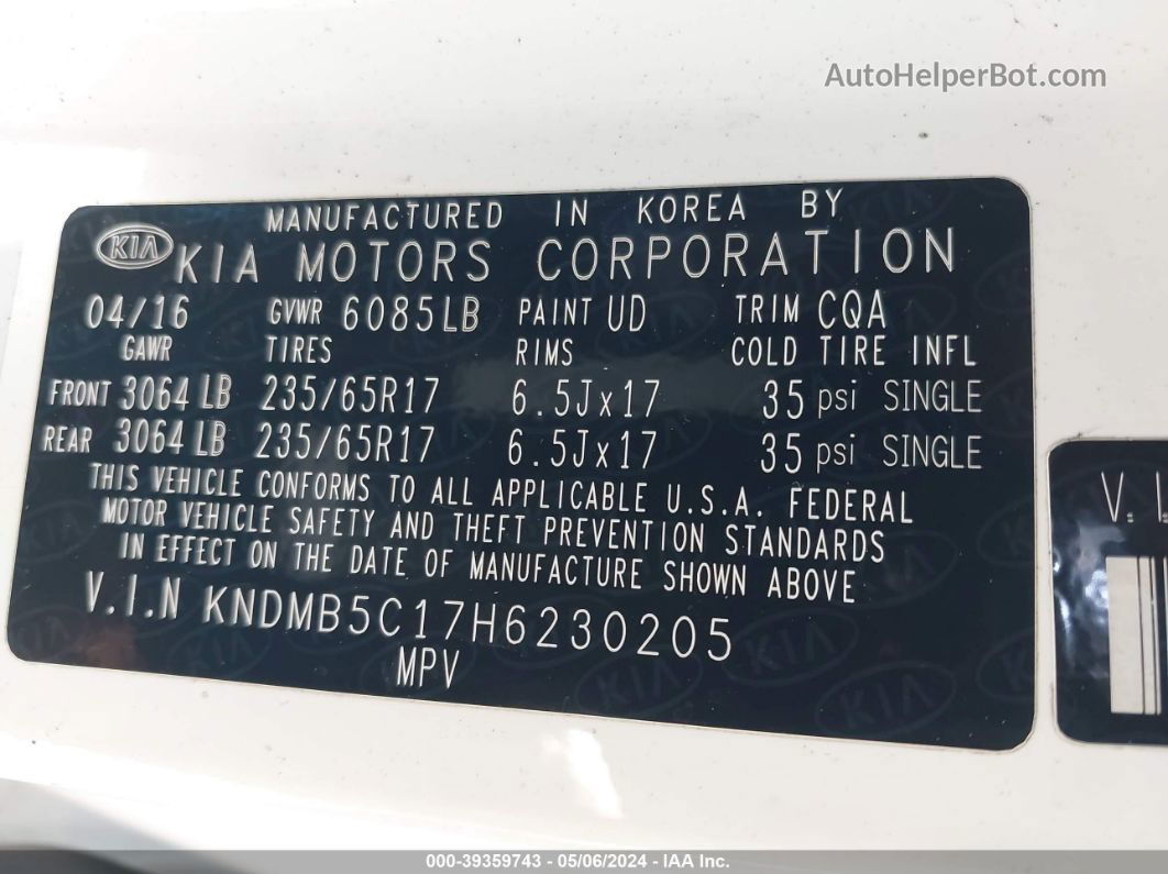 2017 Kia Sedona Lx White vin: KNDMB5C17H6230205