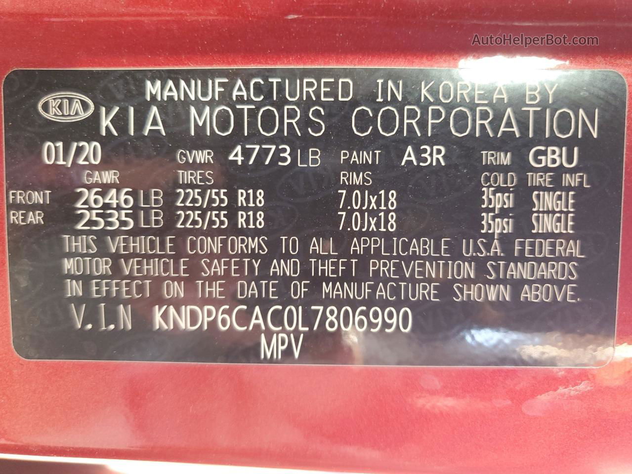 2020 Kia Sportage S Red vin: KNDP6CAC0L7806990