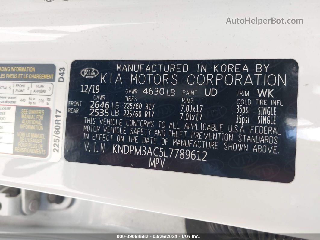 2020 Kia Sportage Lx White vin: KNDPM3AC5L7789612