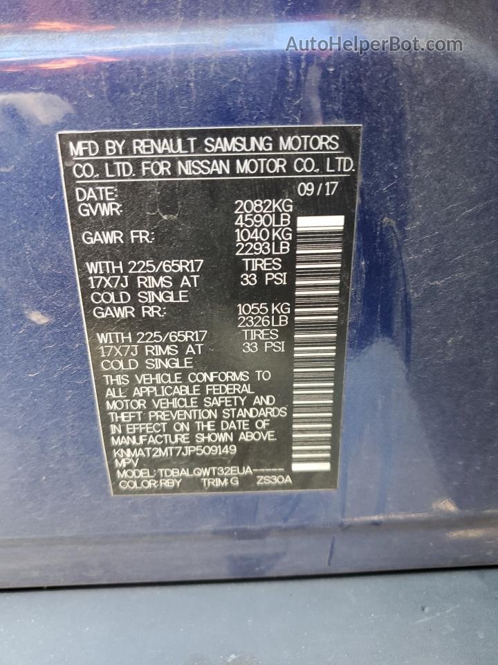 2018 Nissan Rogue S Blue vin: KNMAT2MT7JP509149