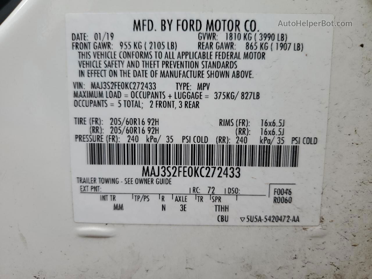 2019 Ford Ecosport S White vin: MAJ3S2FE0KC272433