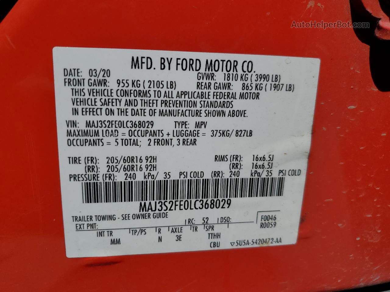 2020 Ford Ecosport S Красный vin: MAJ3S2FE0LC368029