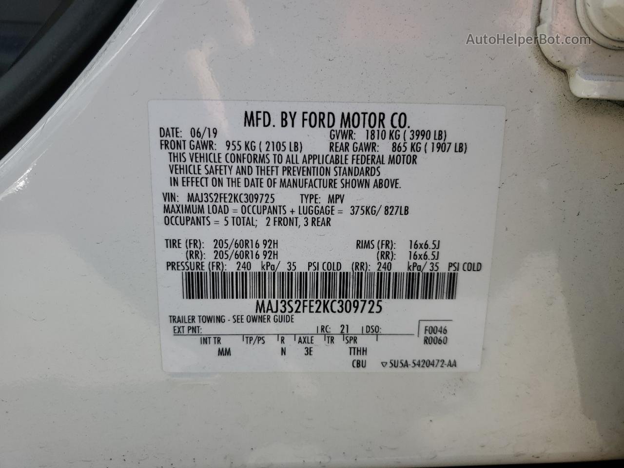 2019 Ford Ecosport S Белый vin: MAJ3S2FE2KC309725