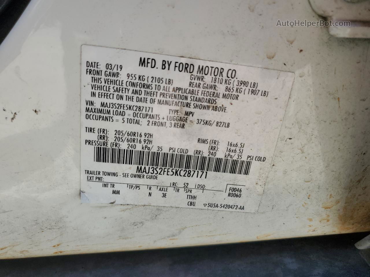 2019 Ford Ecosport S White vin: MAJ3S2FE5KC287171