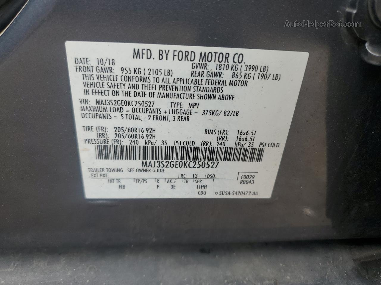 2019 Ford Ecosport Se Gray vin: MAJ3S2GE0KC250527