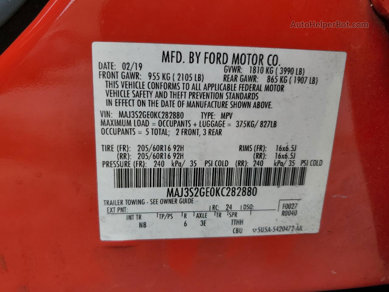 2019 Ford Ecosport Se Red vin: MAJ3S2GE0KC282880