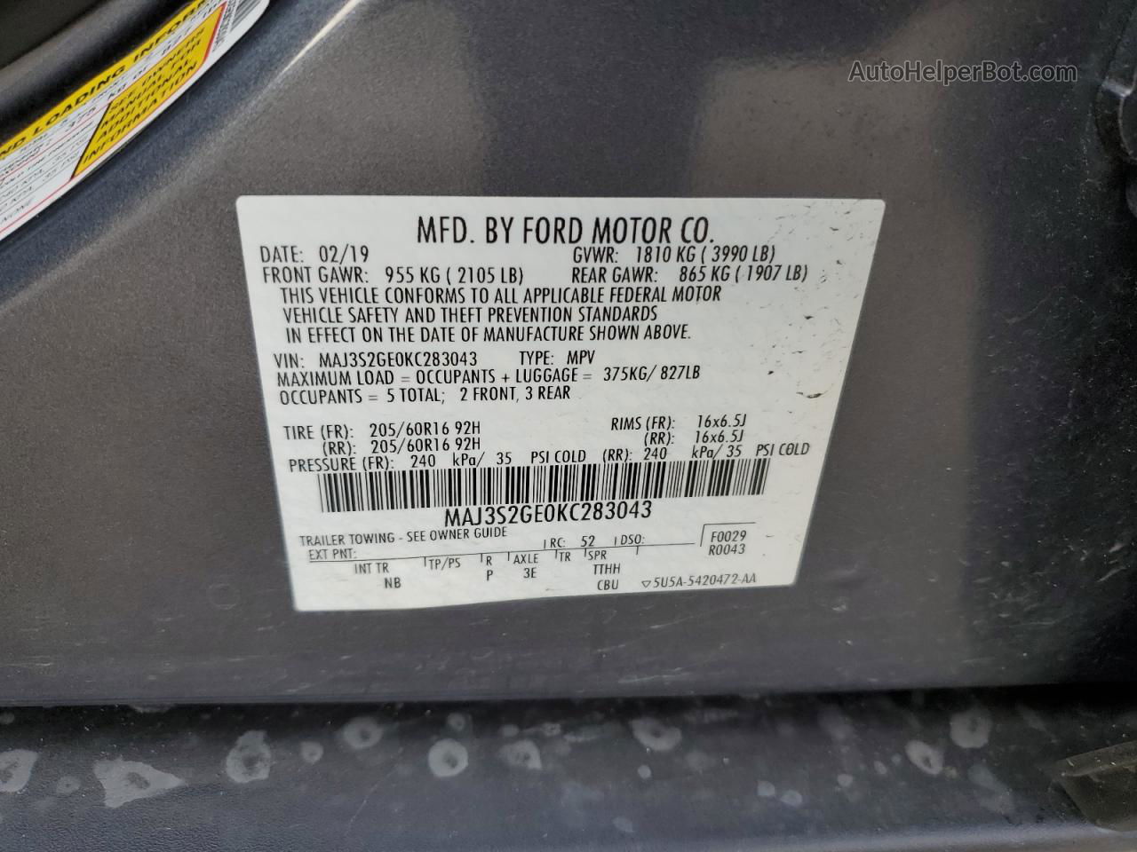 2019 Ford Ecosport Se Gray vin: MAJ3S2GE0KC283043