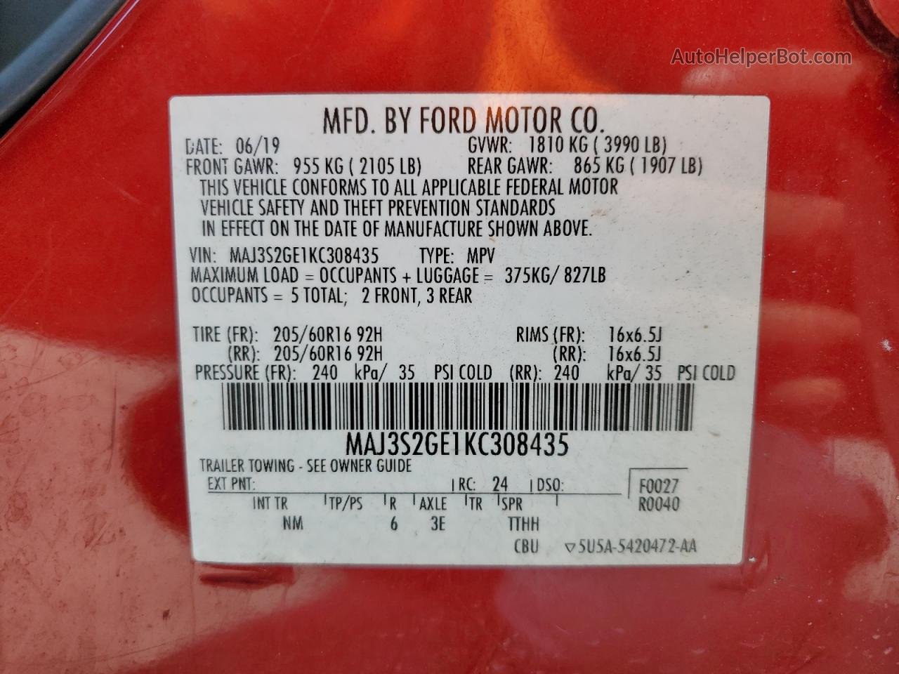 2019 Ford Ecosport Se Red vin: MAJ3S2GE1KC308435