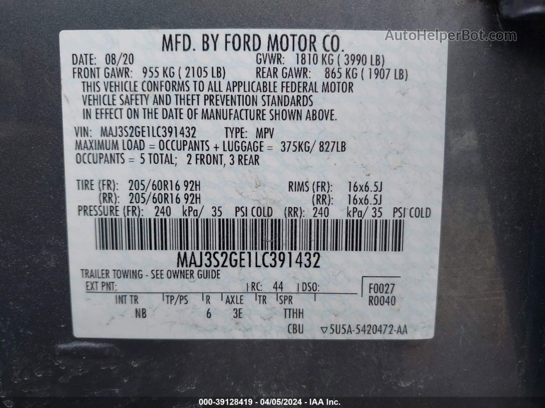 2020 Ford Ecosport Se Gray vin: MAJ3S2GE1LC391432