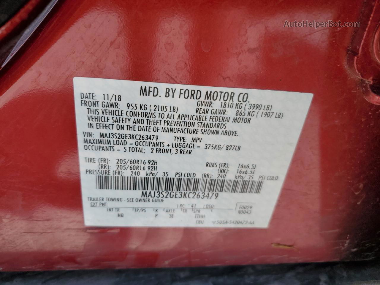 2019 Ford Ecosport Se Red vin: MAJ3S2GE3KC263479