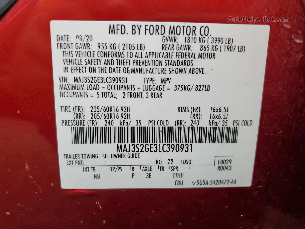 2020 Ford Ecosport Se Maroon vin: MAJ3S2GE3LC390931