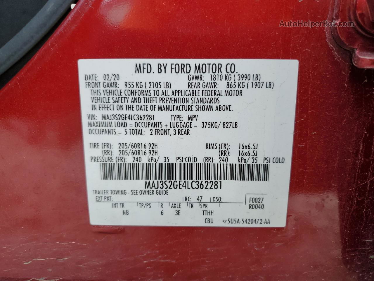 2020 Ford Ecosport Se Red vin: MAJ3S2GE4LC362281