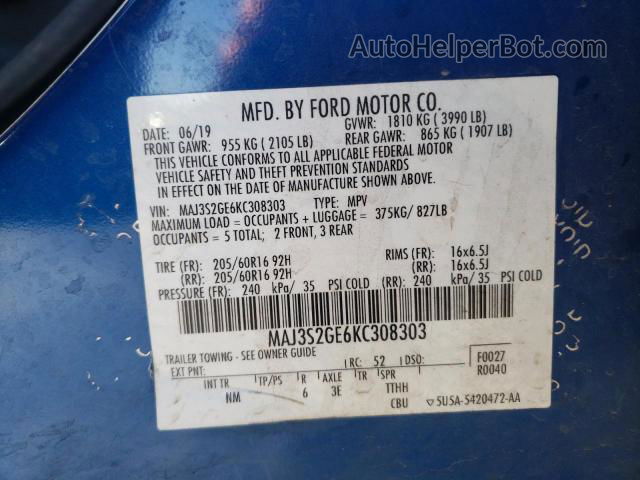 2019 Ford Ecosport Se Blue vin: MAJ3S2GE6KC308303