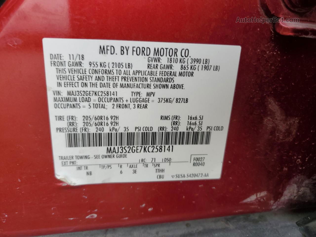 2019 Ford Ecosport Se Red vin: MAJ3S2GE7KC258141