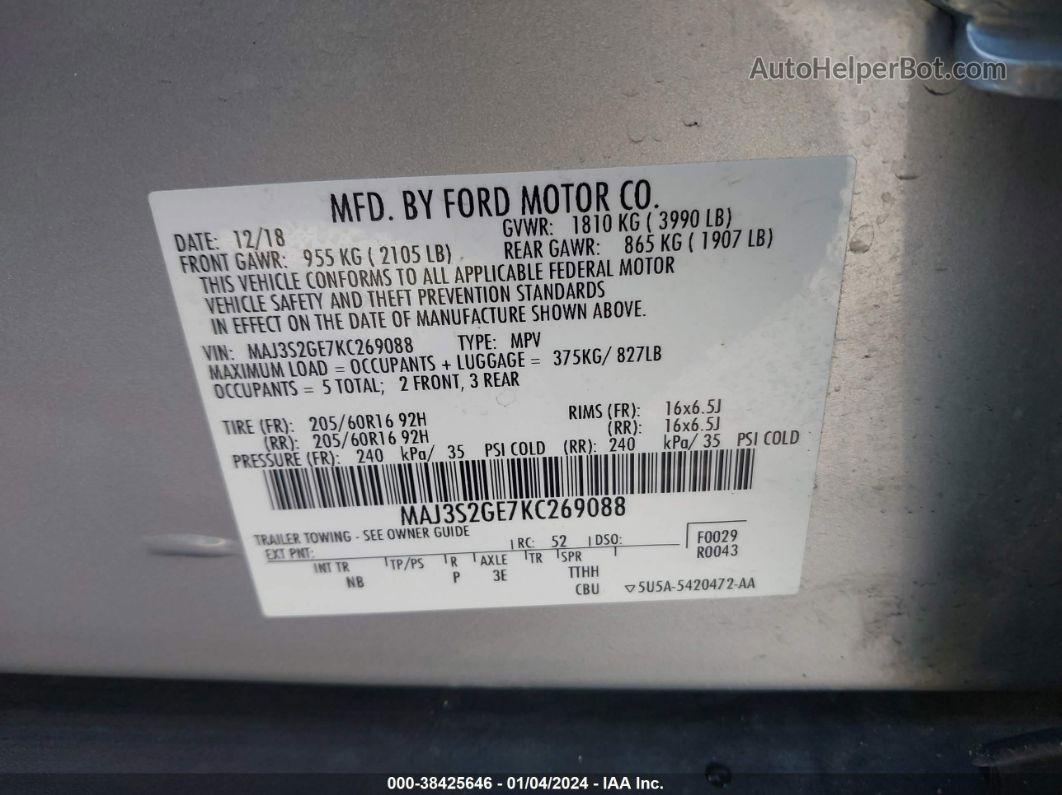 2019 Ford Ecosport Se Silver vin: MAJ3S2GE7KC269088