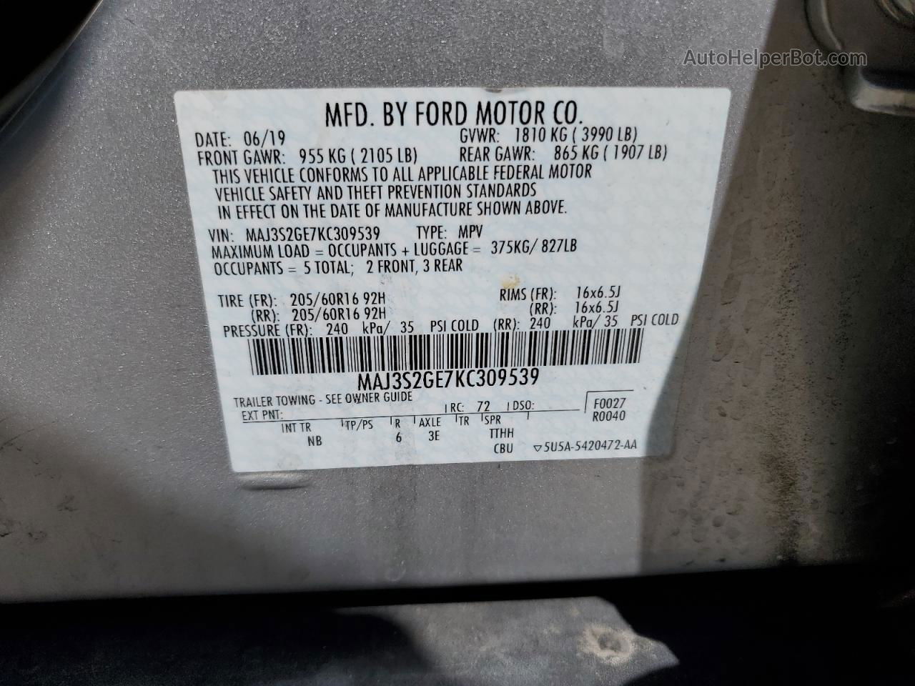 2019 Ford Ecosport Se Silver vin: MAJ3S2GE7KC309539