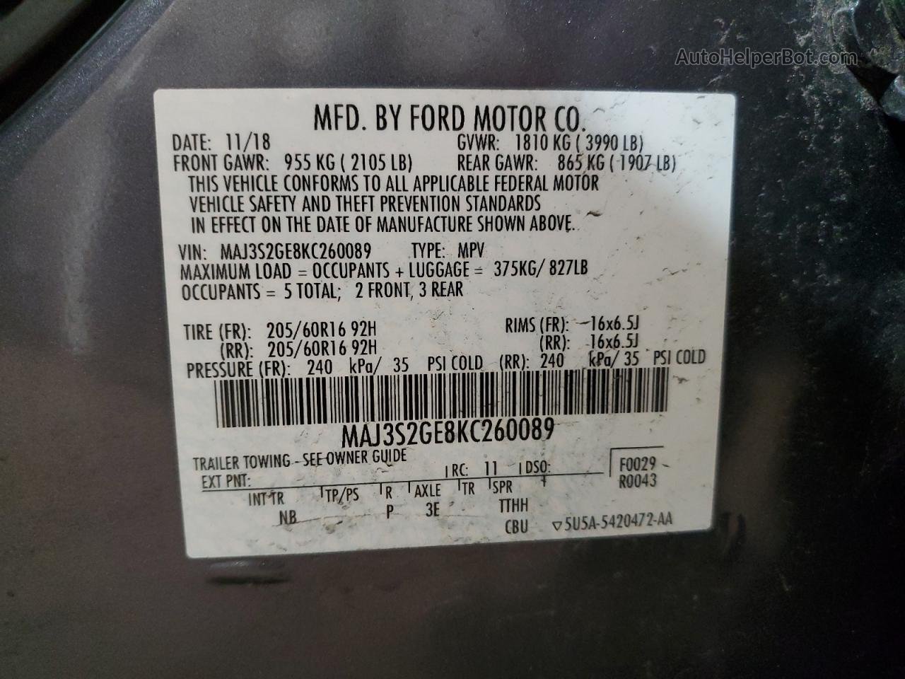 2019 Ford Ecosport Se Gray vin: MAJ3S2GE8KC260089