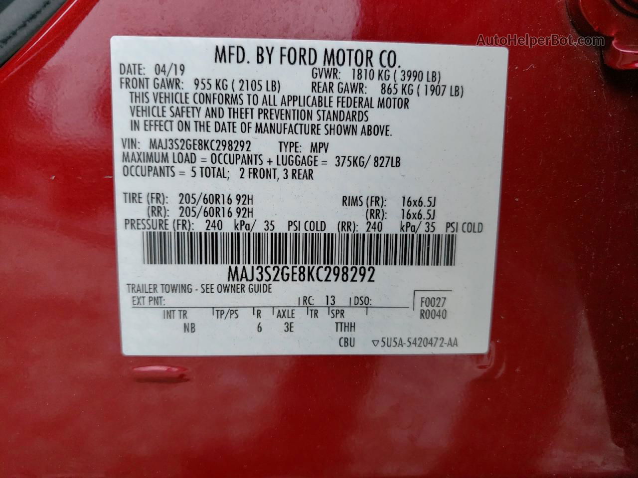 2019 Ford Ecosport Se Красный vin: MAJ3S2GE8KC298292