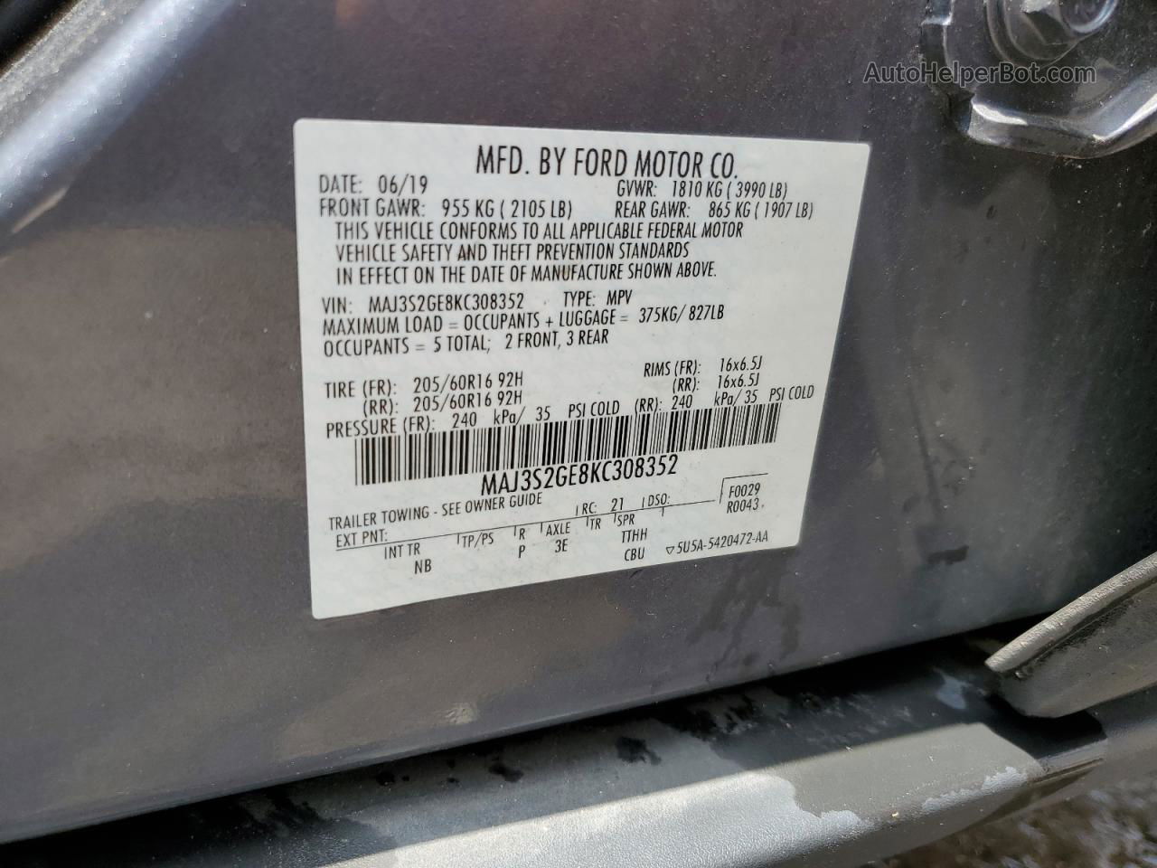 2019 Ford Ecosport Se Gray vin: MAJ3S2GE8KC308352