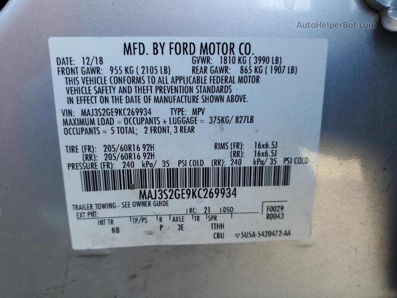 2019 Ford Ecosport Se Silver vin: MAJ3S2GE9KC269934