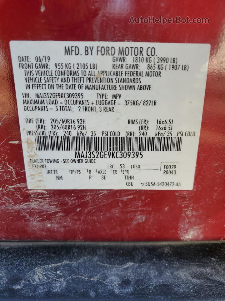 2019 Ford Ecosport Se Бордовый vin: MAJ3S2GE9KC309395