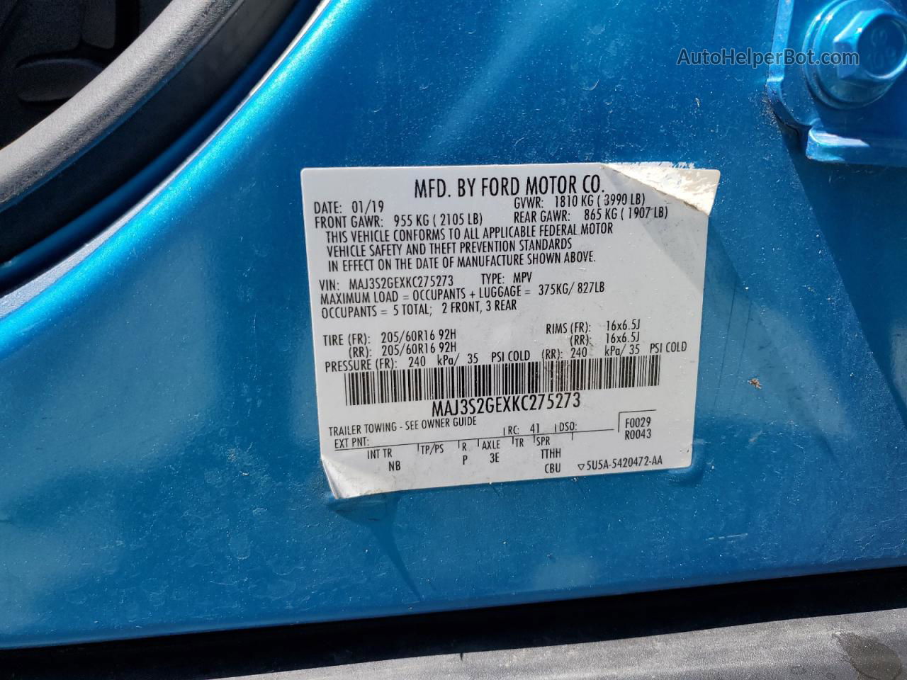 2019 Ford Ecosport Se Blue vin: MAJ3S2GEXKC275273