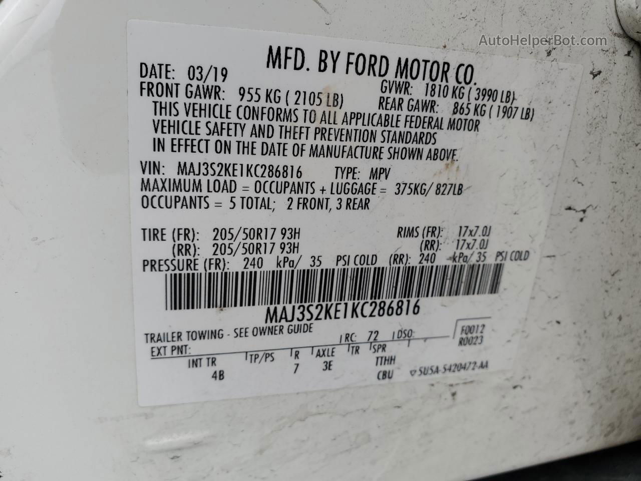 2019 Ford Ecosport Titanium Белый vin: MAJ3S2KE1KC286816