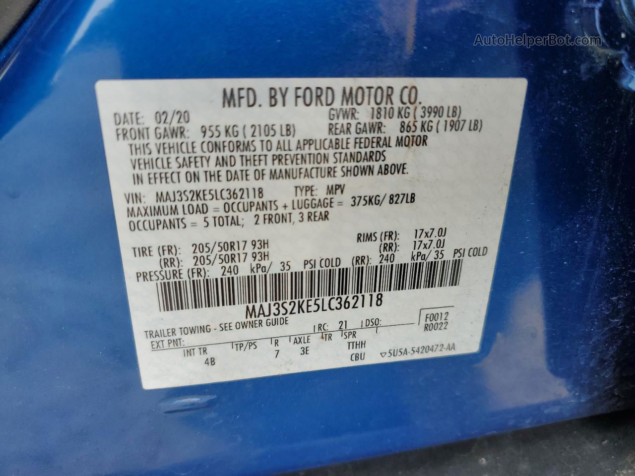 2020 Ford Ecosport Titanium Blue vin: MAJ3S2KE5LC362118