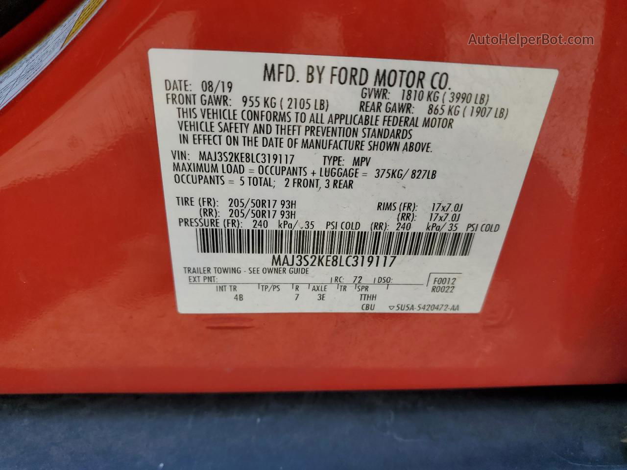 2020 Ford Ecosport Titanium Red vin: MAJ3S2KE8LC319117