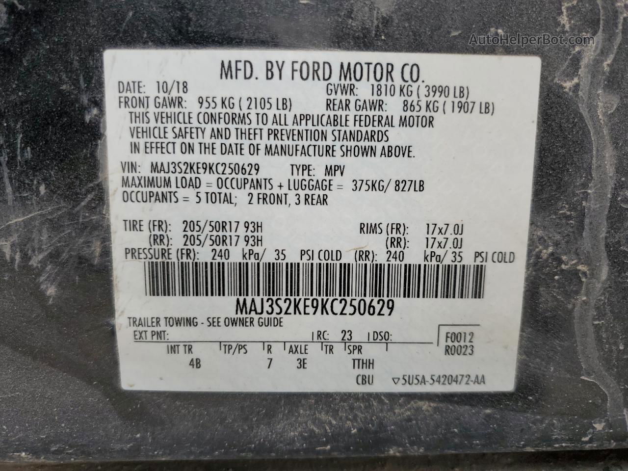 2019 Ford Ecosport Titanium Черный vin: MAJ3S2KE9KC250629