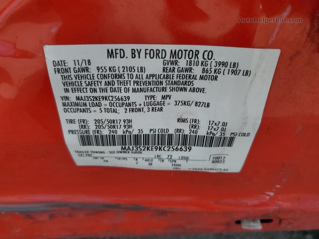 2019 Ford Ecosport Titanium Красный vin: MAJ3S2KE9KC256639