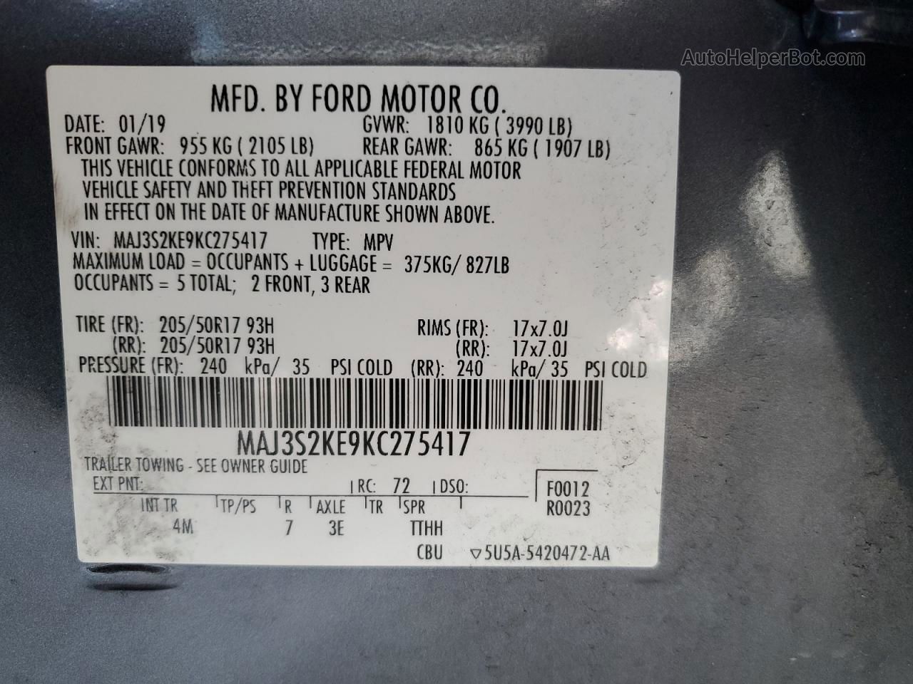 2019 Ford Ecosport Titanium Gray vin: MAJ3S2KE9KC275417