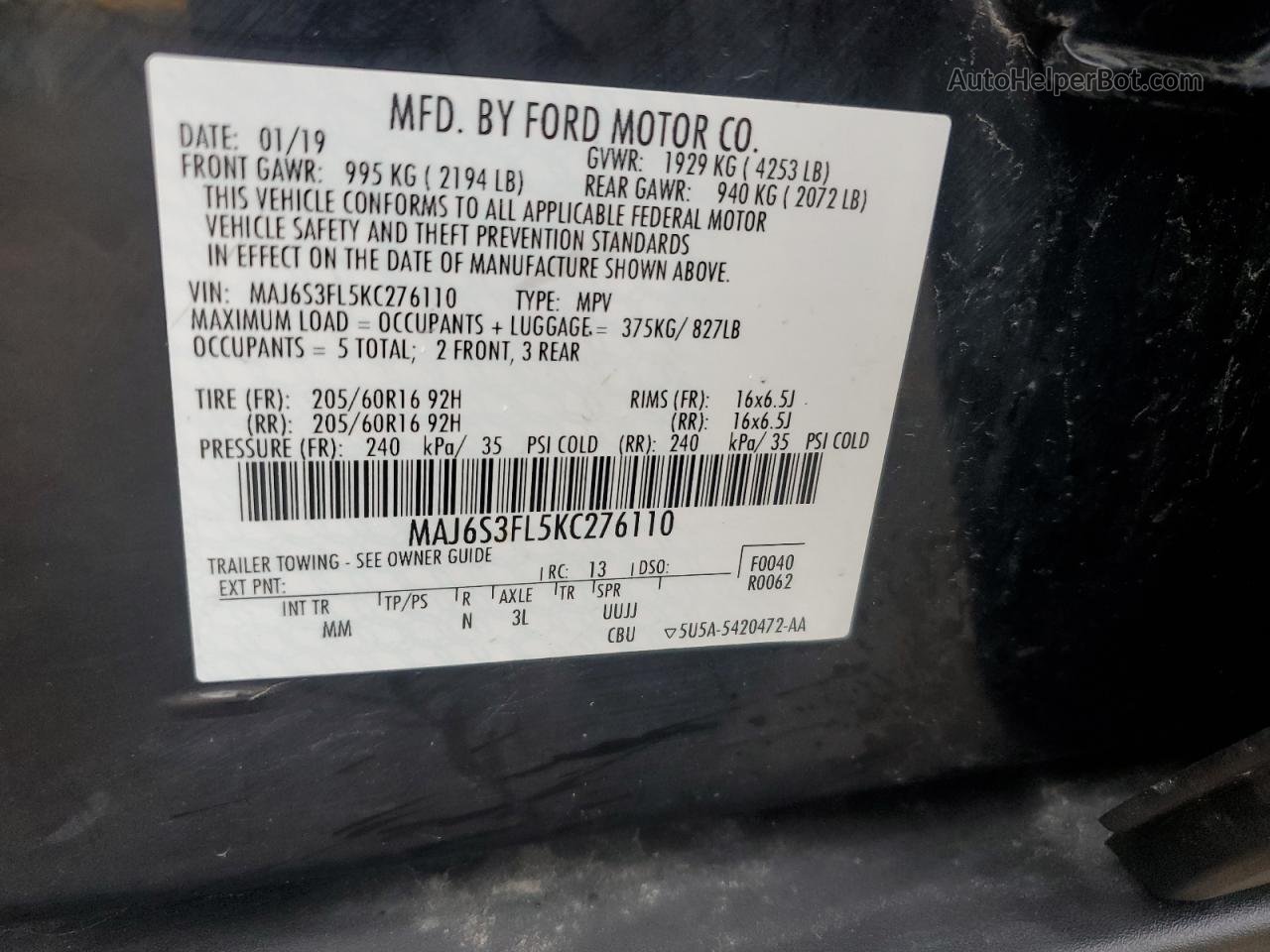 2019 Ford Ecosport S Black vin: MAJ6S3FL5KC276110